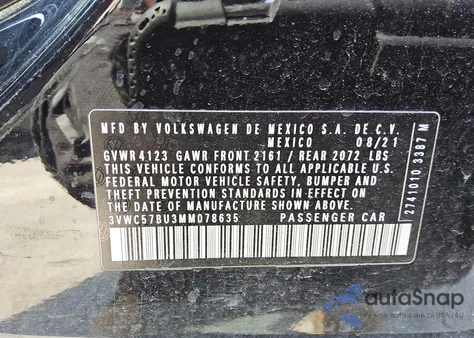 2021 Volkswagen Jetta S из США, поврежденный, VIN 3VWC57BU3MM078635